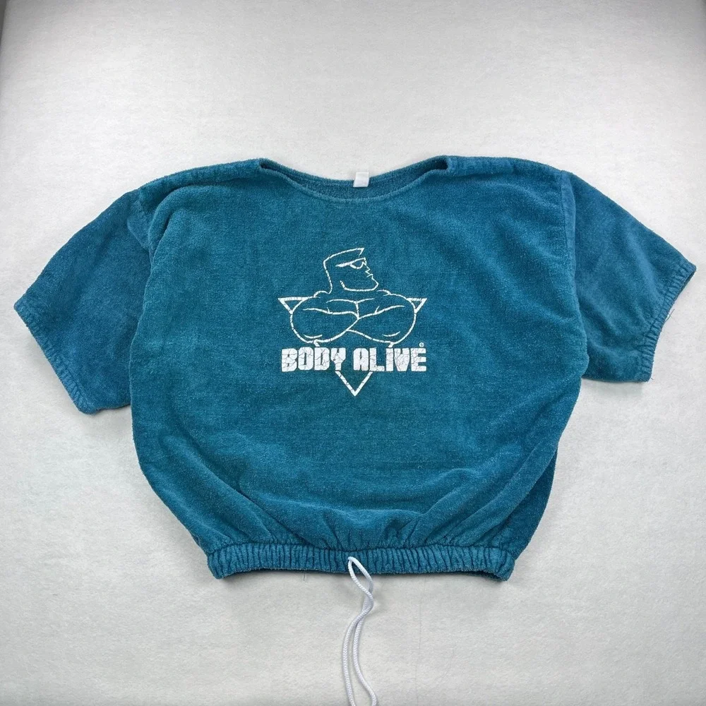 Vintage Body Alive Terry Cloth Gym Top XL Teal Blue Made in USA Bodybuilding 80s - Picture 1 of 10